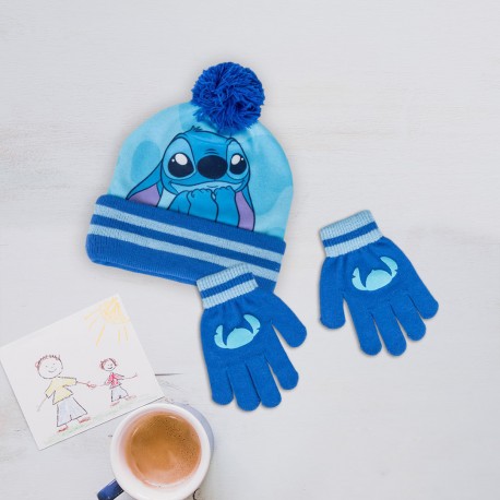 Set Hiver Stitch Disney Bleu - Bonnet à Pompon & Gants